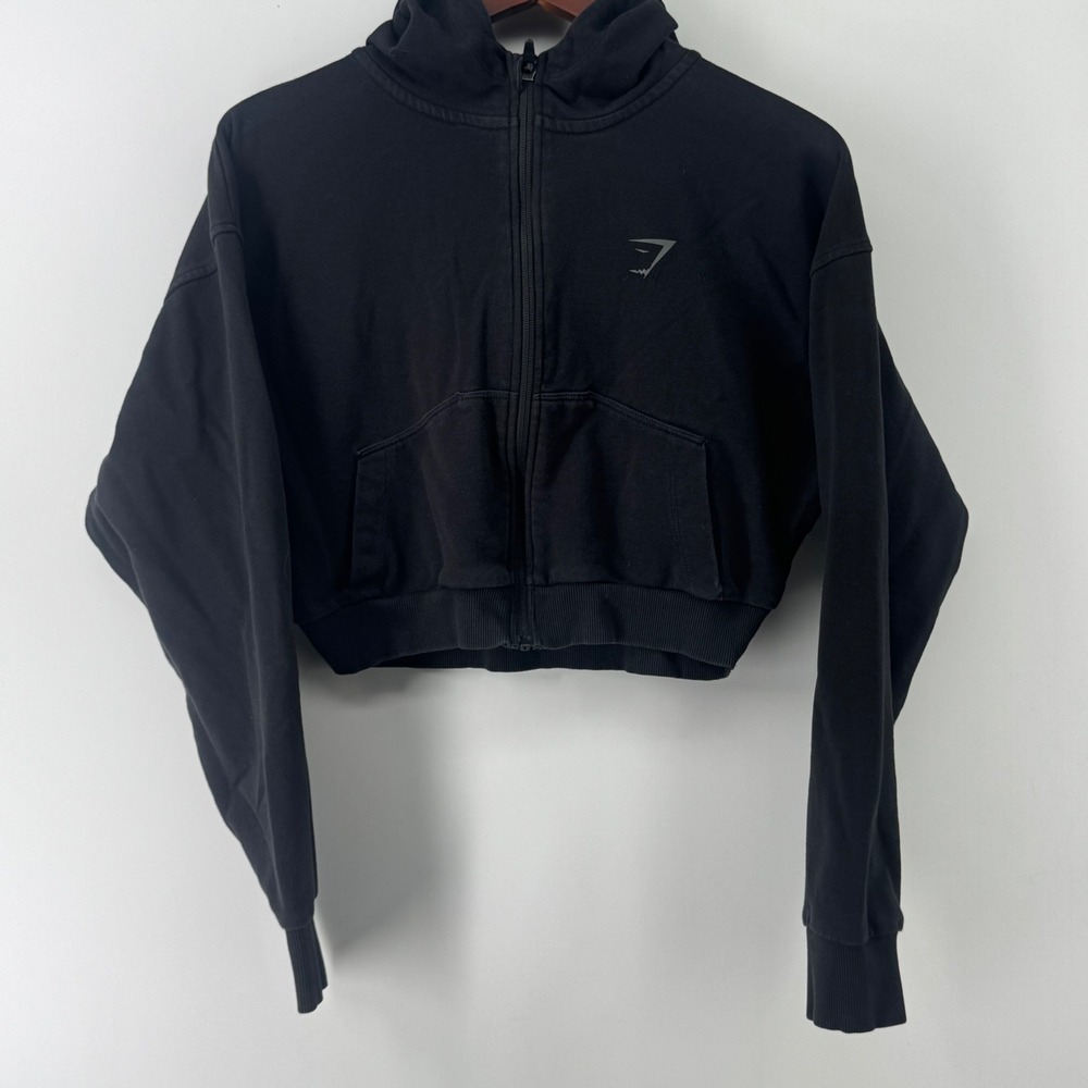 Gymshark Womens Black Cropped Full Zip Hoodie Sweatshirt Size M Logo